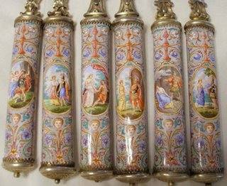 oval scenes, 3 cm x 2 cm, different on the front and back of each piece of  Hermann Ratzersdorfer's dessert set