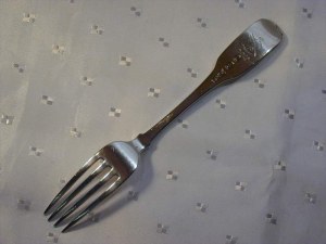 fork by Samuel Neville, Dublin hallmark, bearing Pilkington family crest