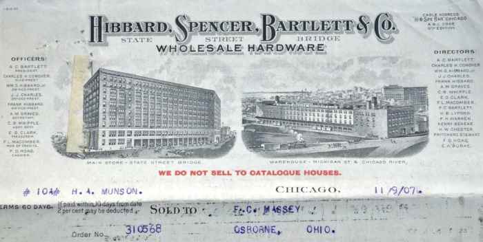 Hibbard, Spencer, Bartlett & Co, Chicago: 1907 invoice