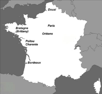 Paris, Bordeaux, Orlans and Douai in the map of France