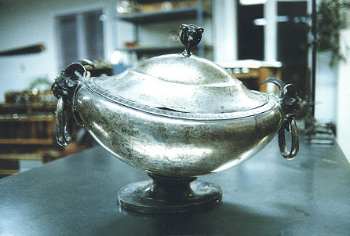 Gorham soup tureen with caved-in base, dented body and cover
