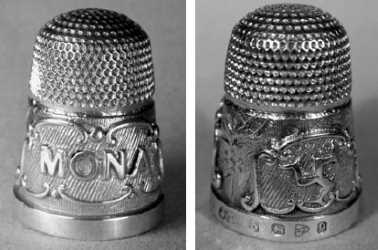 thimble with 'Mona' in letters on one side