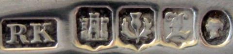 Hallmark of Scottish Provincial silver salt spoon manufactured by Perth silversmith Robert Keay II