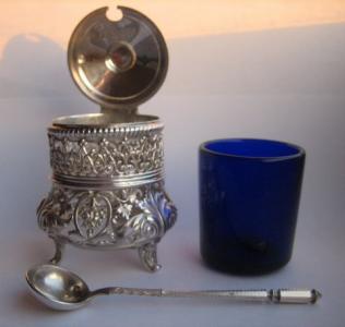 French silver mustard pot and spoon