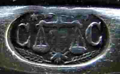 The oval 'CC' mark used on silver-plated Christofle cutlery between c.1855 and c.1862 The oval 'CC' mark used on silver-plated Christofle cutlery between c.1855 and c.1862