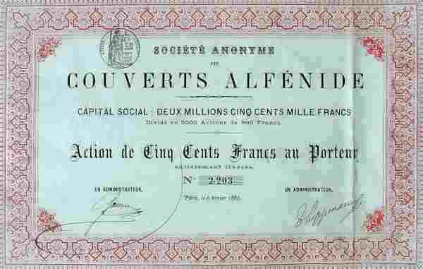 Share No.2203 issued by the Société Anonyme des Couverts Alfénide on 6t h February 1886