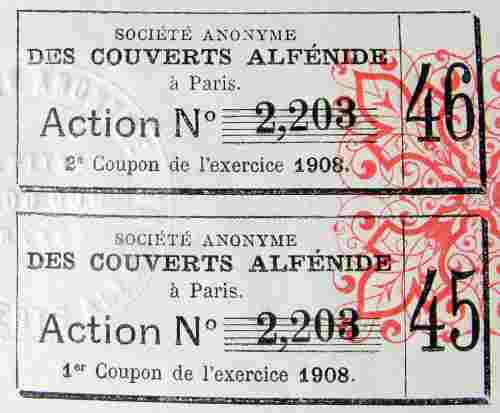 Share No.2203 Société Anonyme des Couverts Alfénide: coupons for the year 1908