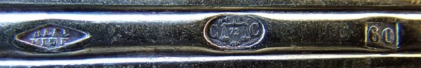 Disposition of marks on silver-plated Alfénide base Christofle cutlery, issued in 1860 Disposition of marks on silver-plated Alfénide base Christofle cutlery, issued in 1860