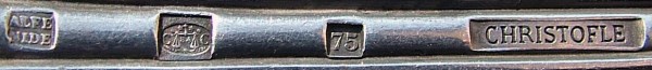 Disposition of marks on silver-plated Alfénide base Christofle cutlery, issued in 1875. Disposition of marks on silver-plated Alfénide base Christofle cutlery, issued in 1875.