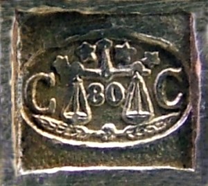 The oval 'CC' mark used on silver-plated Christofle cutlery between 1862 and 1867 The oval 'CC' mark used on silver-plated Christofle cutlery between 1862 and 1867