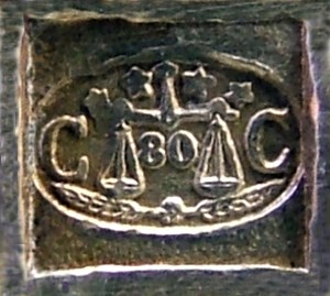 The oval 'CC' mark used on silver-plated Christofle cutlery between 1862 and 1867