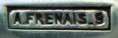 mark with the factory name A.FRENAIS and the digit 9 on a silver-plated tray made from low-quality nickel silver