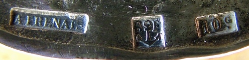 early mark for hollow ware and flat ware items produced using mtal extra-blanc (1885 - c.1900)