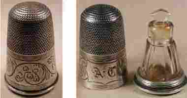 Silver, 'Regency', thimble, seal and clear glass bottle