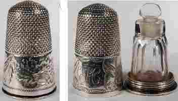 Late 18c silver thimble, seal and clear bottle, unmarked