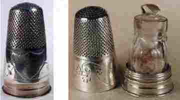 Georgian silver thimble with bottom seal and clear bottle