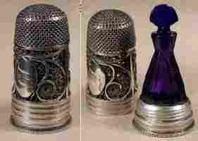 18c silver filigree thimble with blue glass bottle and seal