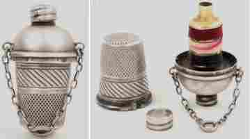 Late 18c silver chatelaine compendium with thimble, thread winder and perfume container