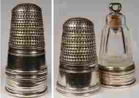 18c silver thimble with a clear glass perfume bottle and a separate compartment for four blue enamel game counters