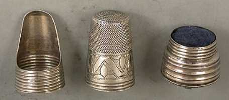 19c silver thimble, finger guard and pin cushion