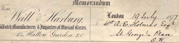 a 1877 memorandum accompanying a watch hallmarked Weill & Harburg, London, 1876