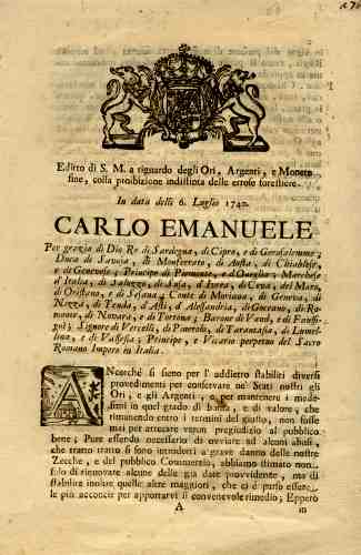 Decree July 6, 1749 issued by Carlo Emanuele, King of Sardinia
