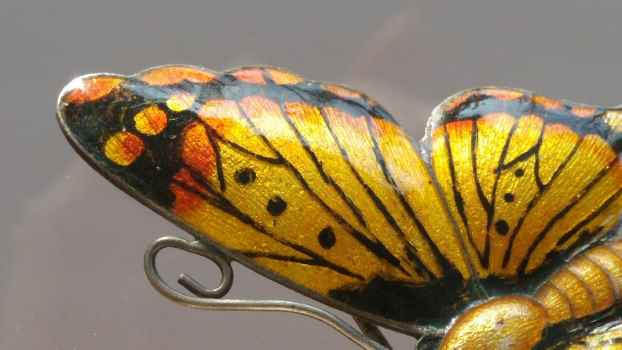 Closeup of Silver painted enamel butterfly brooch