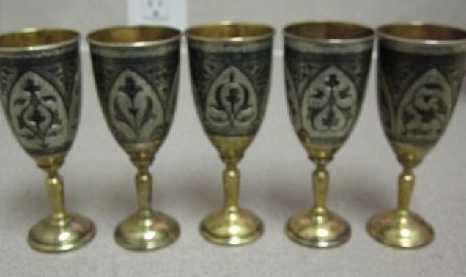 gilded niello goblets produced in 1969 in Dagestan (USSR)