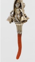 A baby rattle exhibited in Corals and Bells at the Zilvermuseum Sterckshof Provincie Antwerpen