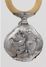 A baby rattle exhibited in Corals and Bells at the Zilvermuseum Sterckshof Provincie Antwerpen