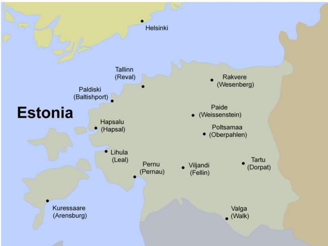 Map of Estonia shoving cities where silversmiths were hallmarking up to mid 1800