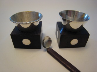 Spratling silver salt cellars and spoon (rosewood base and spoon handle)