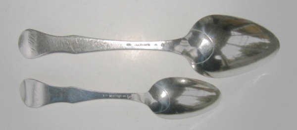 Soup spoon, 1813 and serving spoon (ragout spoon) 1842 by the same silversmith.