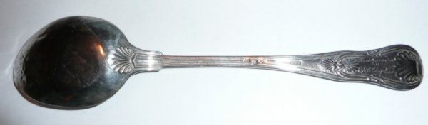 Dessert spoon to a child, bite-marks, engraved text on handle