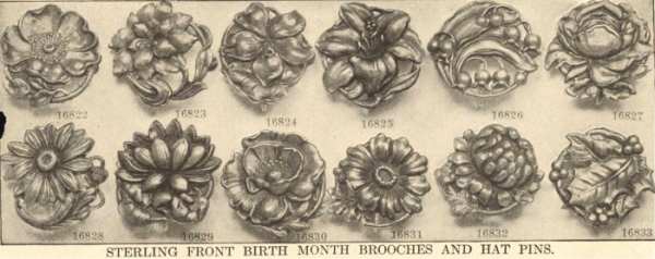 Baird-North Catalog, 1913, Birth Month broaches show floral motifs used on jewel boxes