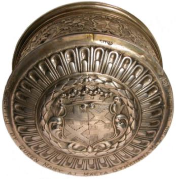 gilded silver box 
with embossed 
Coat of Arms 