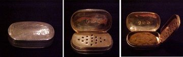 vinaigrette with bright-cut decoration on lid and base. Grill pierced in crude lozenge design