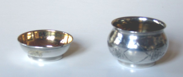 Moscow salt cellars, engraved with various ornaments, 1950-s, gold plated inside