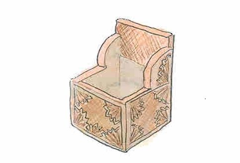 sketch after Alison Hilton of the prototype or basic shape of a salt chair, square and boxed, carved in wood 