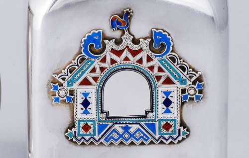 A traditional Russian rural izba house represented in polychrome cloisonn enamelling technique