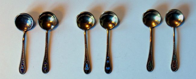  Two salt spoons from the 50-s, two from 60-s with slightly modified pattern and two from the 70-s with richer enamel colours