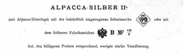 An excerpt on Alpacca-Silber II from the 1893 BMF catalogue An excerpt on Alpacca-Silber II from the 1893 BMF catalogue