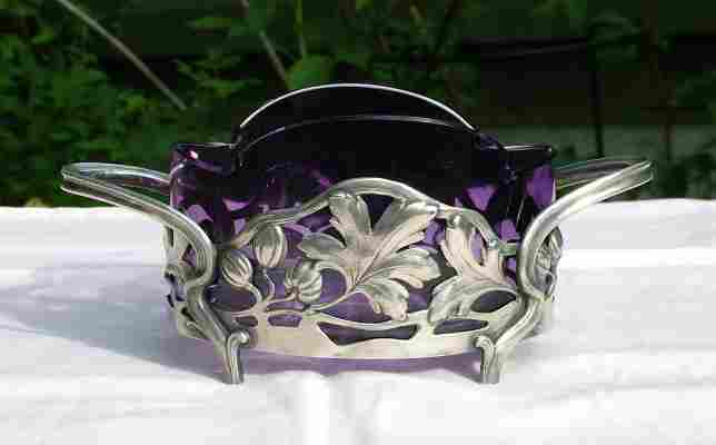 An Art-Nouveau sugar bowl with inlet made of Bohemian glass, issued by BMF Arthur Krupp between 1900 and 1914 An Art-Nouveau sugar bowl with inlet made of Bohemian glass, issued by BMF Arthur Krupp between 1900 and 1914