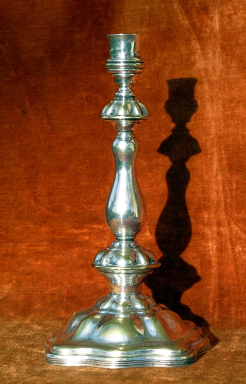 A silver-plated candlestick, made by Norblin and Co in 1848